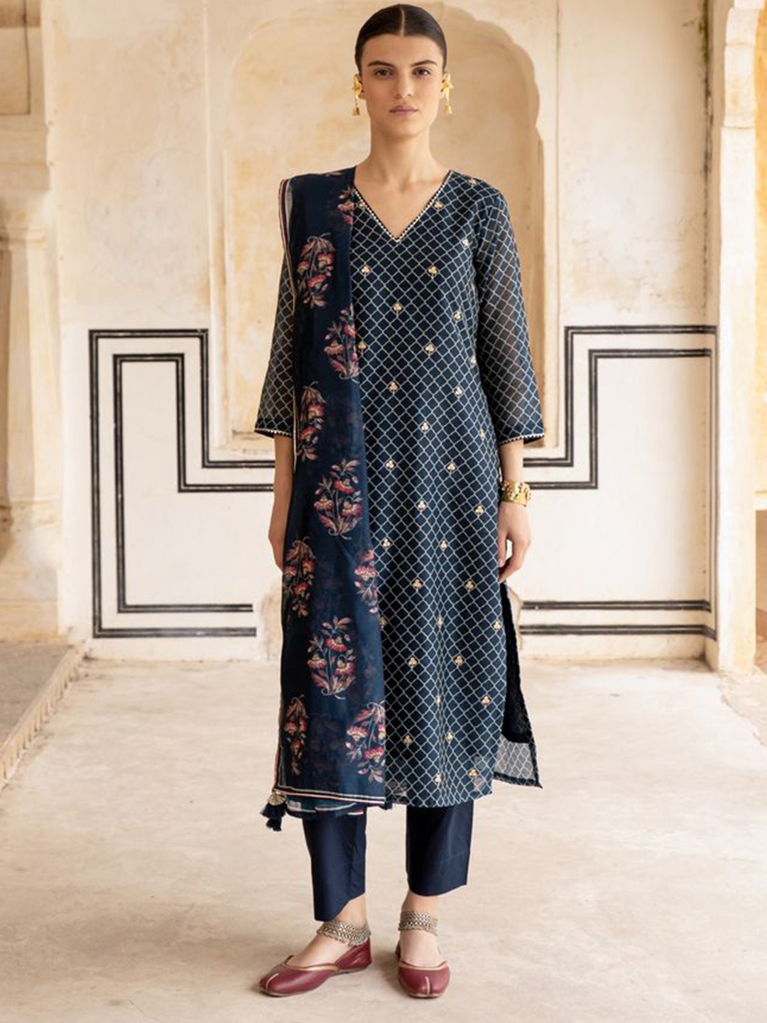 

KARAJ JAIPUR Women Ethnic Motifs Printed Chanderi Cotton Kurta with Trouser & Dupatta, Blue