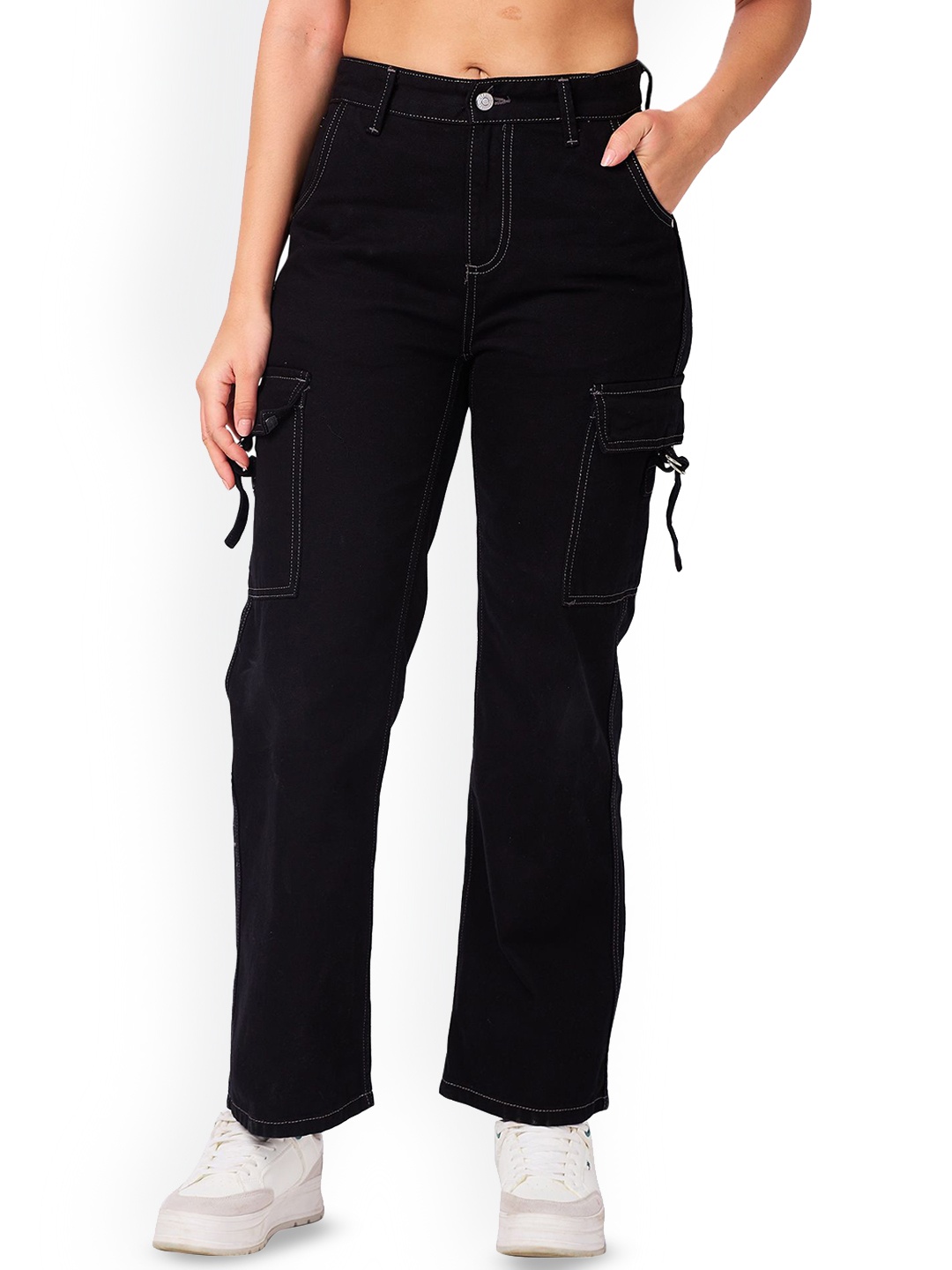 

IZEL Women Wide Leg Mildly Distressed Jeans, Black