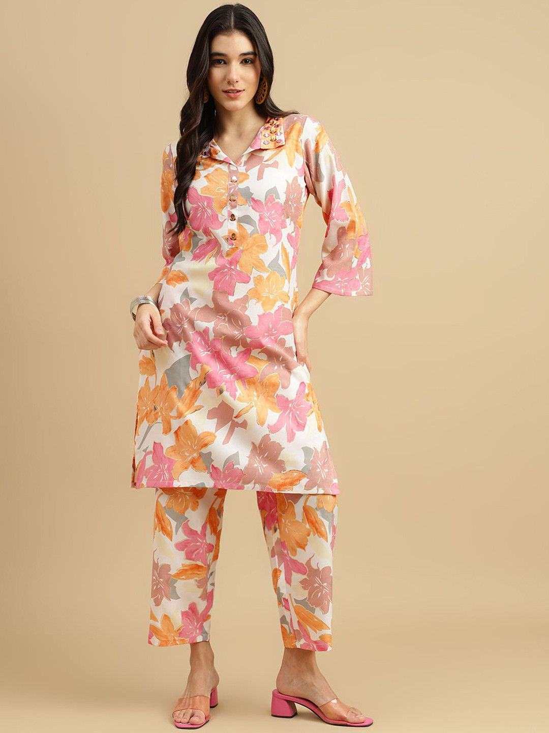 

TRENDSWILL Floral Printed Shirt Collar Mirror Work Straight Kurta With Trousers, Pink