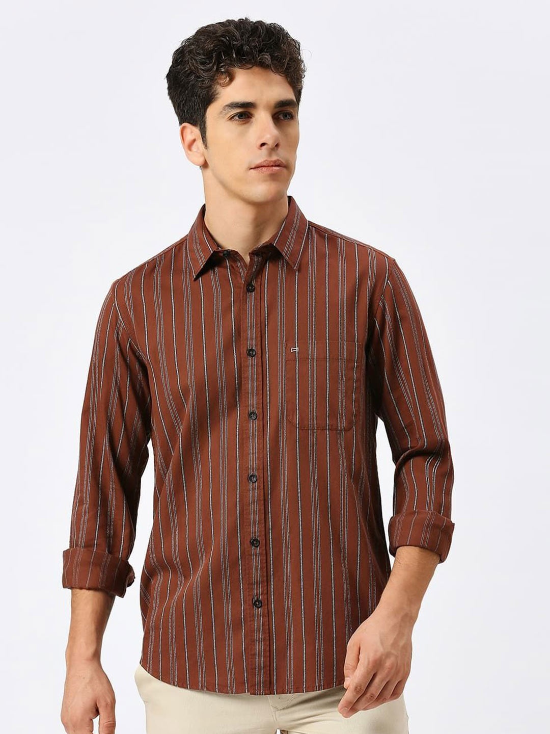 

Basics Men Slim Fit Opaque Vertical Striped Cotton Casual Shirt, Brown