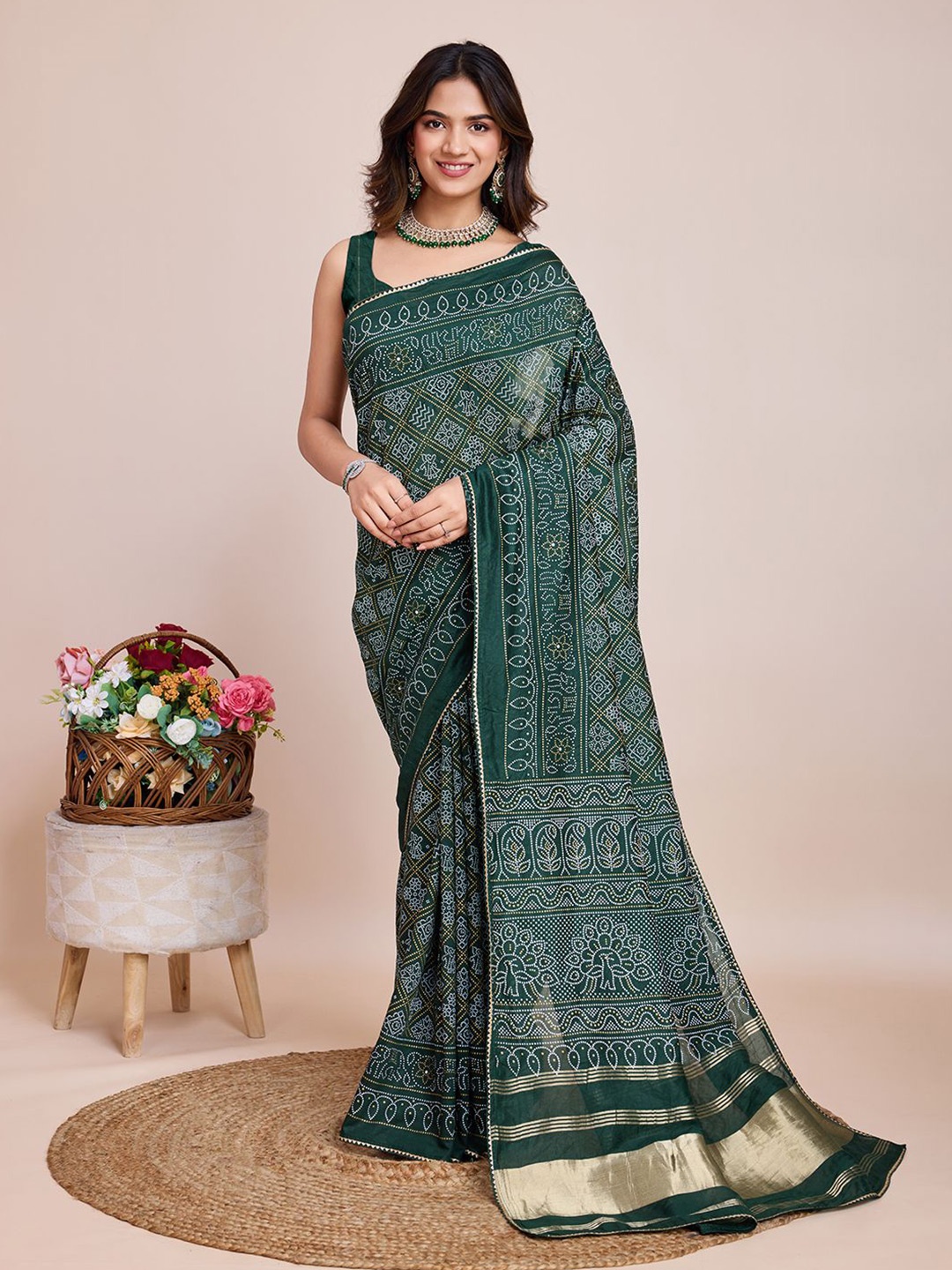 

SHOBHA SAREES Bandhani Zari Silk Cotton Bandhani Saree, Green
