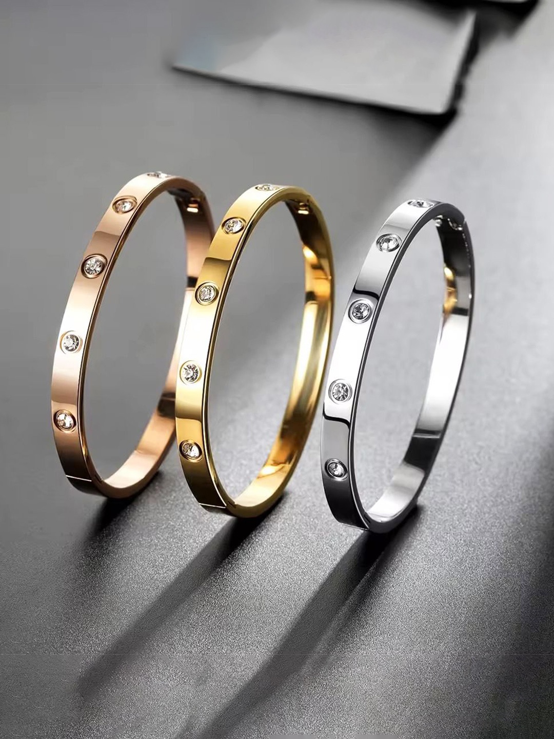 

MEENAZ Set Of 3 Gold-Plated Stainless Steel American Diamond Antique Kada Bracelet