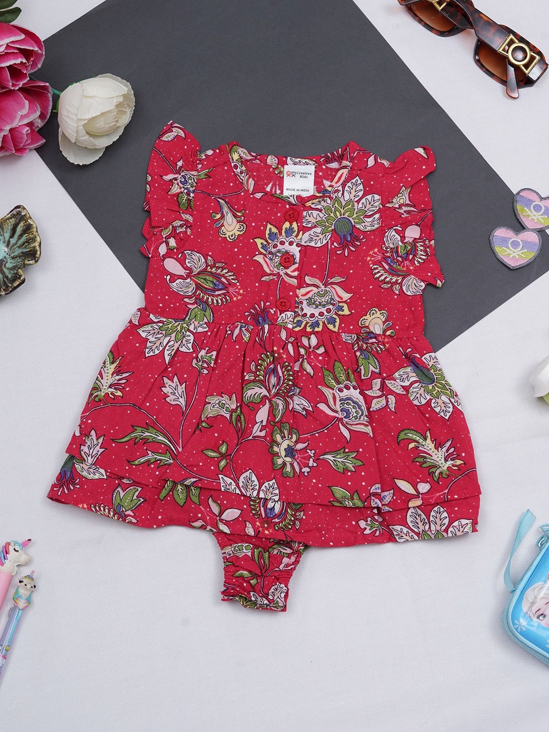 

Creative Kids Infant Girls Floral Printed Bodysuit, Red