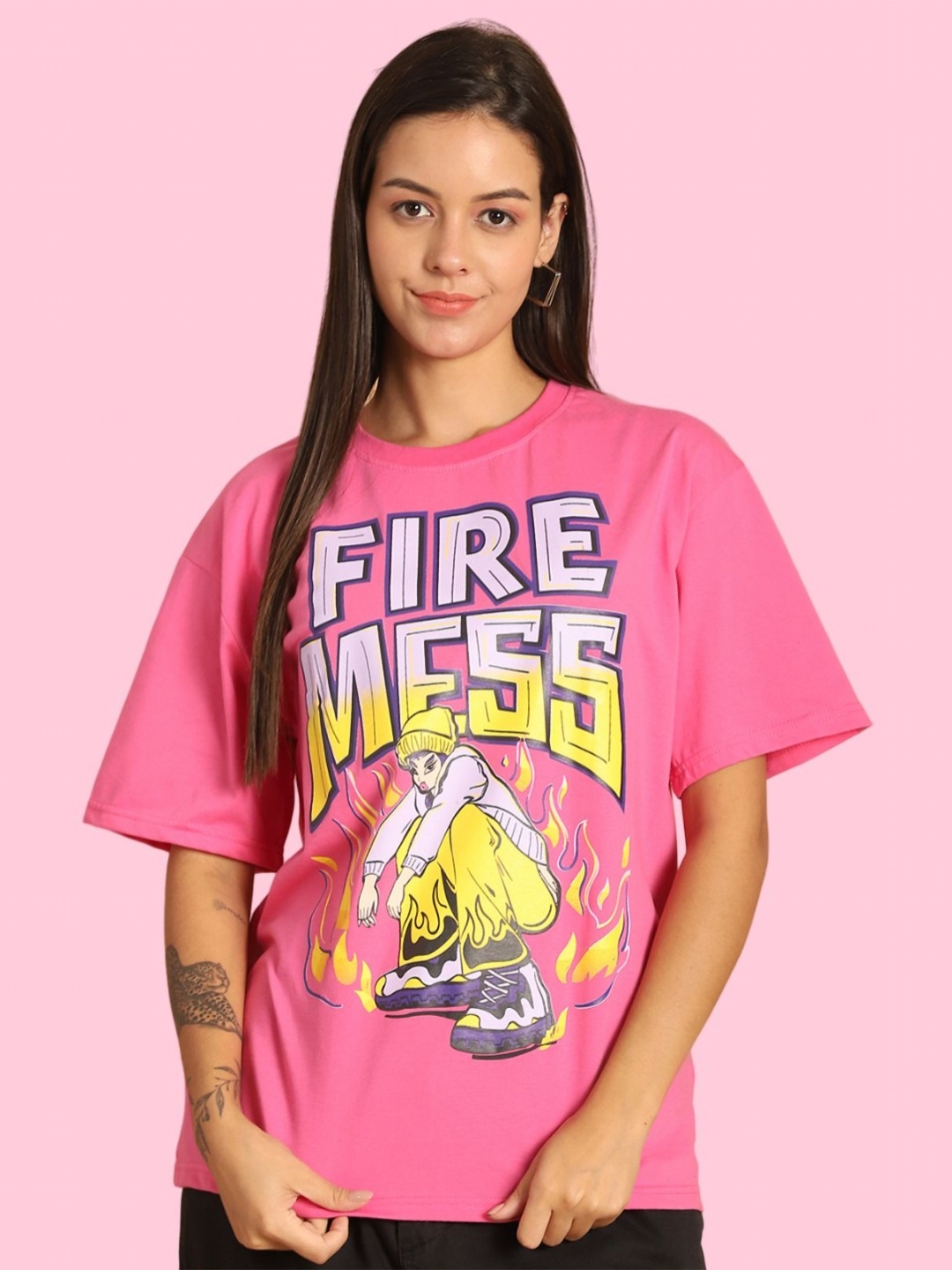 

Tromko Women Graphic Printed Round Neck Cotton Oversized T-shirt, Pink