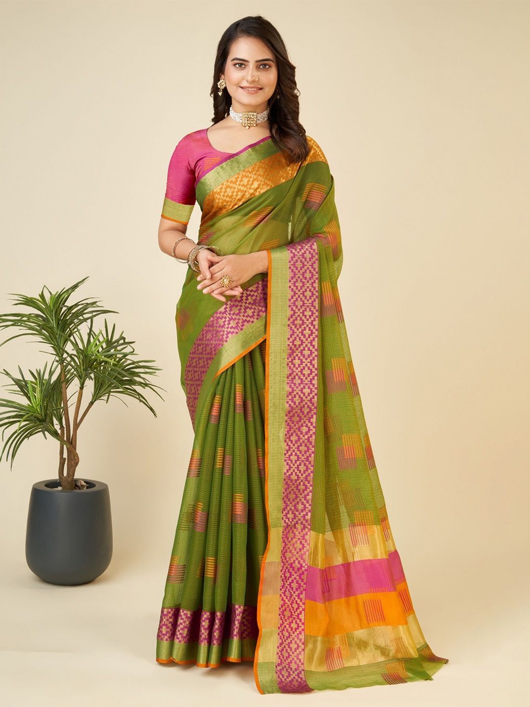 

LEOSAGI Woven Design Zari Silk Cotton Kota Saree, Green