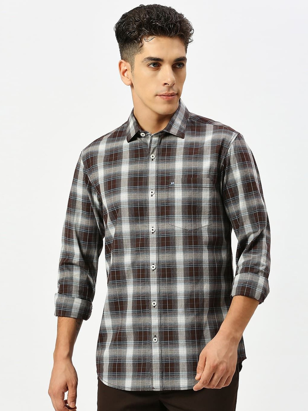 

Basics Men Slim Fit Tartan Checks Opaque Cotton Casual Shirt, Coffee brown