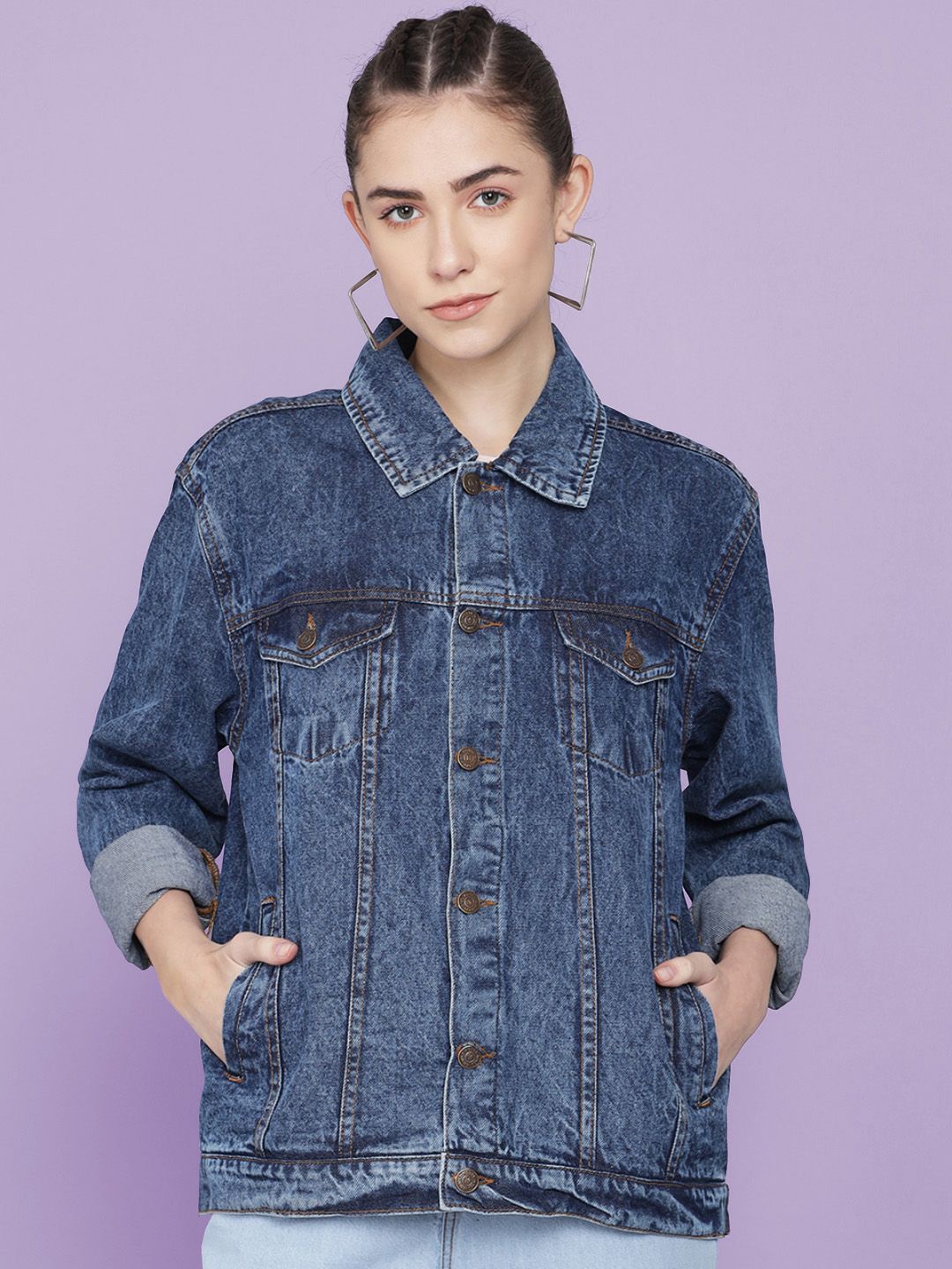 

Kotty Women Spread Collar Washed Self Design Cotton Casual Denim Jacket, Blue