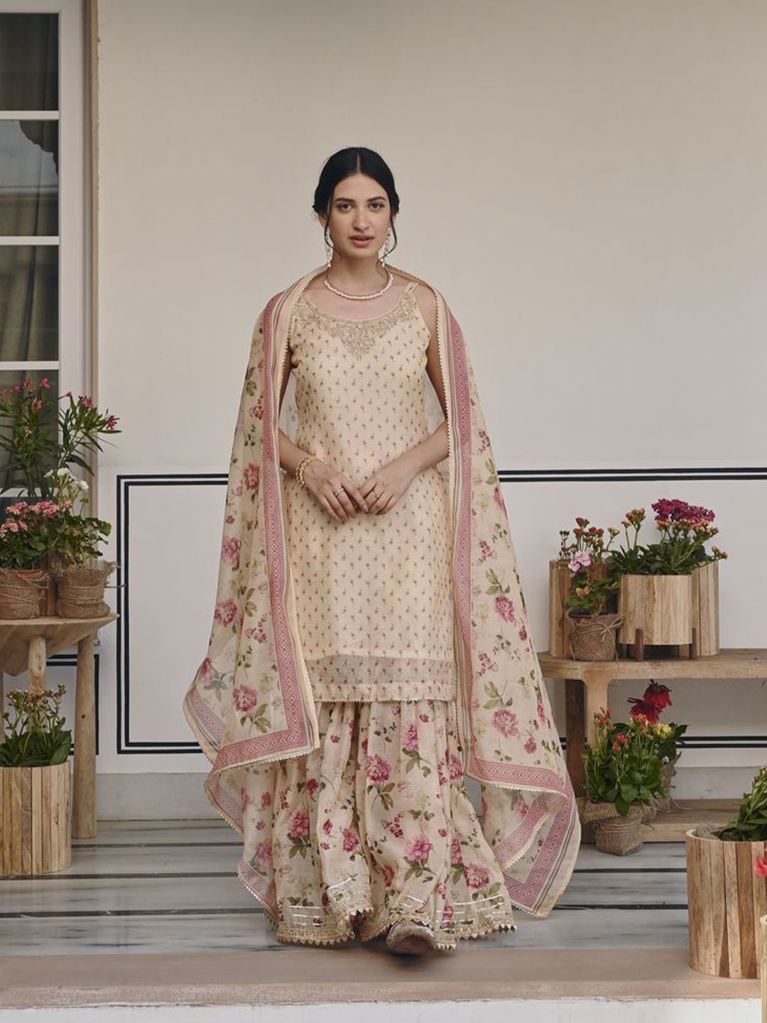 

KARAJ JAIPUR Floral Printed Sequinned Chanderi Cotton Kurta with Sharara & Dupatta, Cream