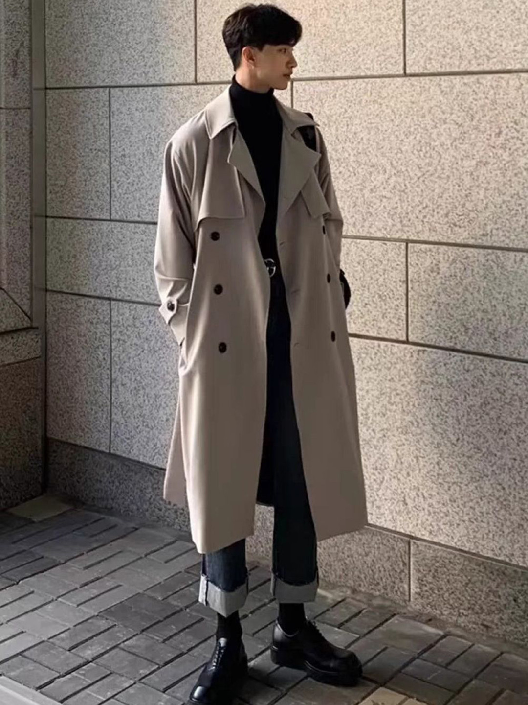 

HERE&NOW Men Solid Notched Lapel Collar Overcoat, Beige