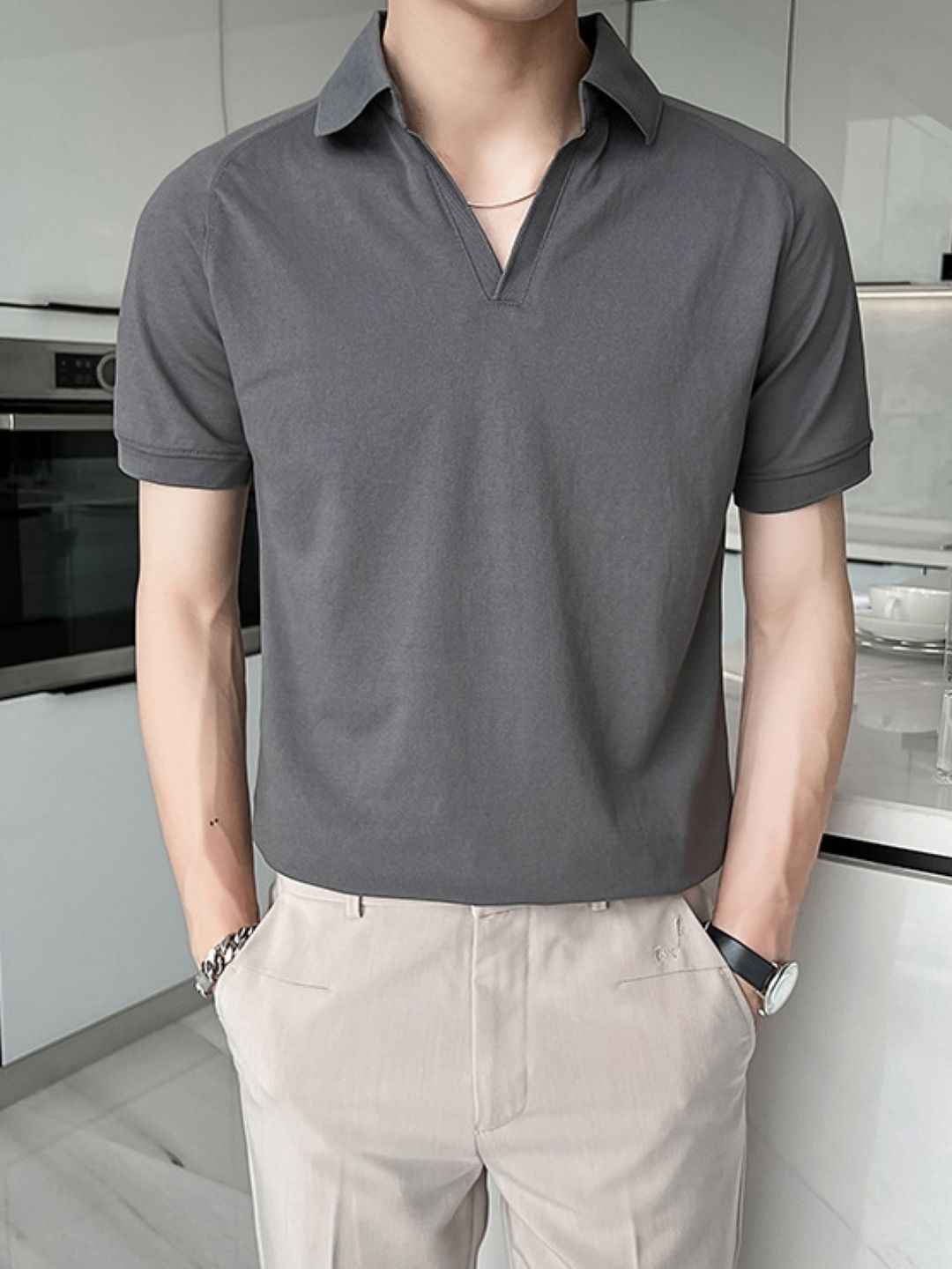

HERE&NOW Men Solid Polo Collar T-shirt, Grey