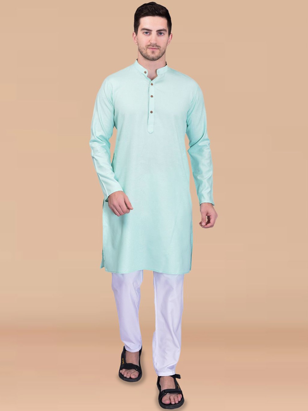

PRINTINDIA Band Collar Pure Cotton Straight Kurta with Trousers, Blue