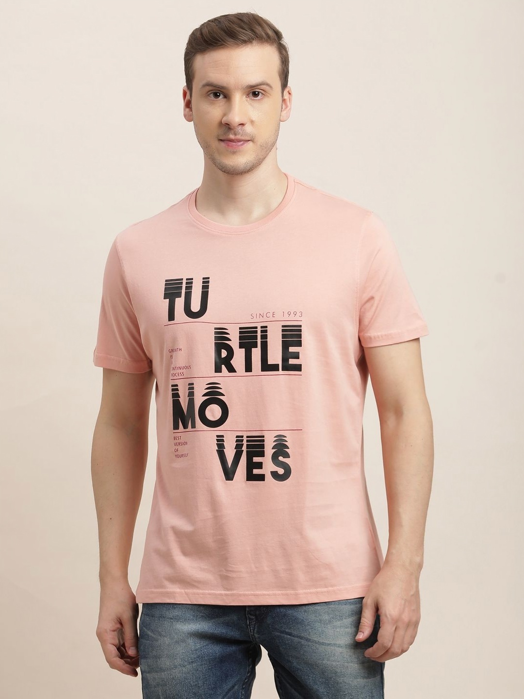 

Turtle Men Typography Printed Round Neck Cotton Slim Fit T-shirt, Peach