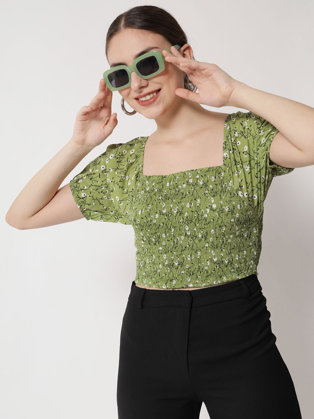 

BAESD Floral Print Smocked Crepe Crop Top, Green
