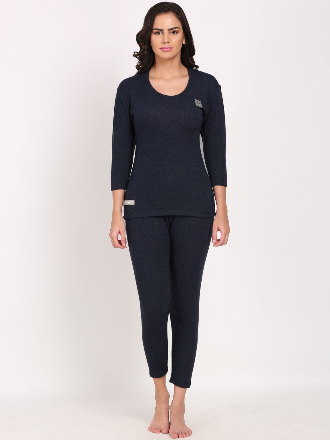 

OOSHIN UK Cotton Round Neck Top With Trousers Thermal Signature Set, Navy blue