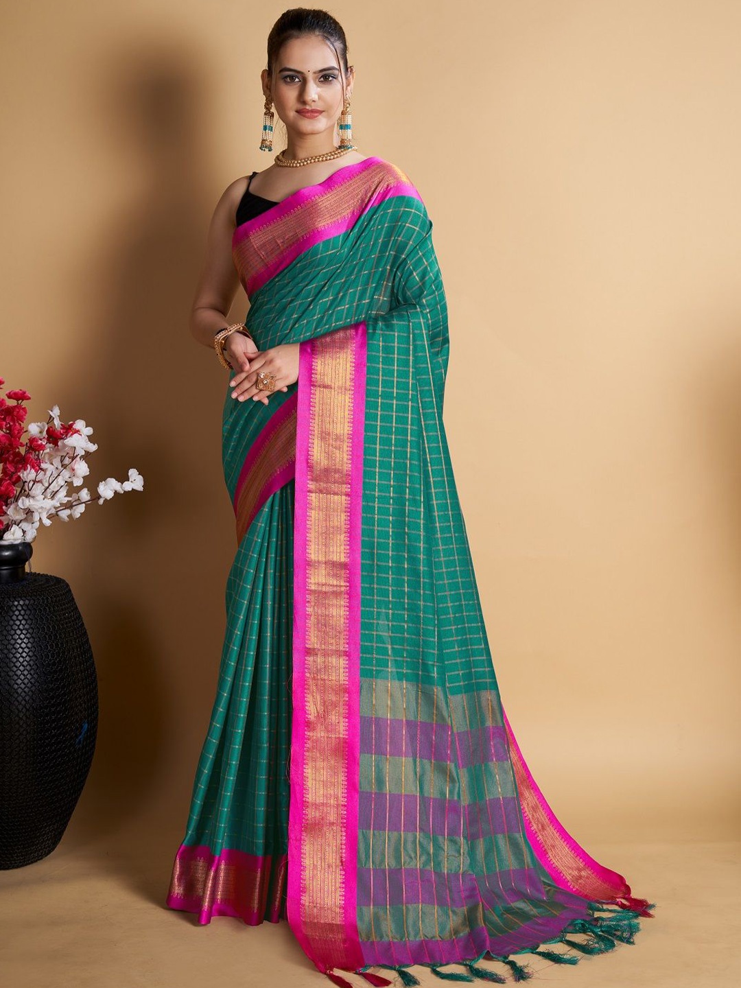 

LEOSAGI Woven Design Zari Pure Silk Uppada Saree, Green