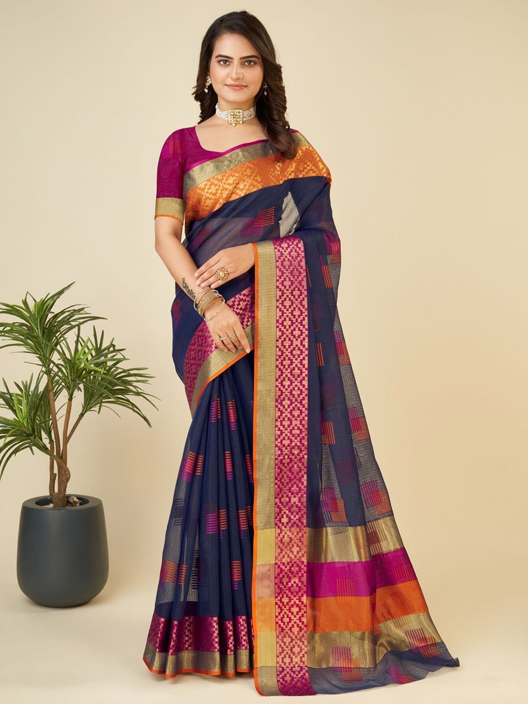 

LEOSAGI Embellished Zari Silk Cotton Designer Kota Saree, Navy blue