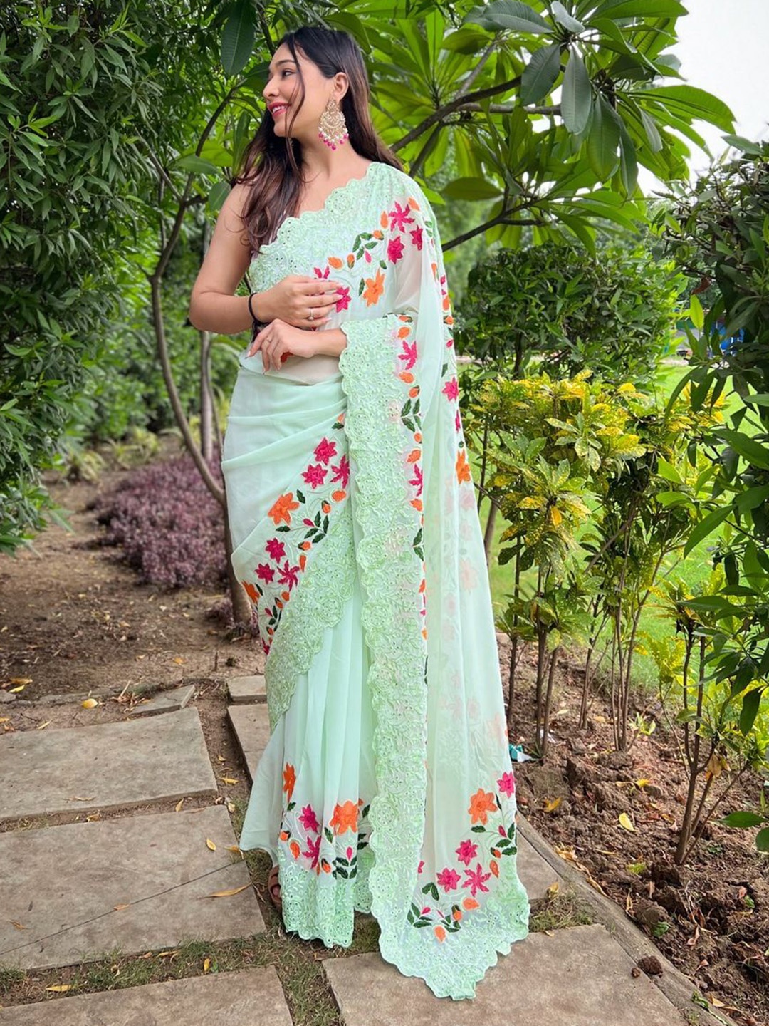 

Anouk Floral Embroidered Pure Georgette Saree, Sea green