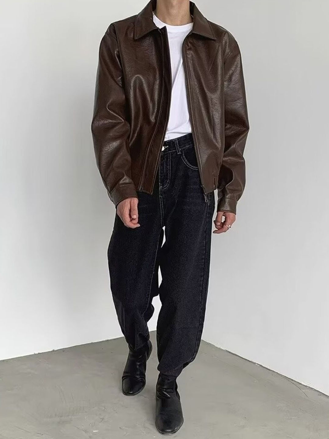 

HERE&NOW Men Spread Collar Solid Leather Casual Leather Jacket, Brown