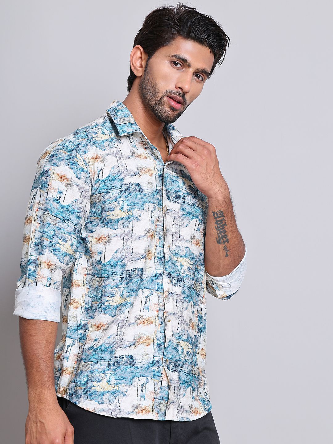 

Indian Needle Men Classic Spread Collar Abstract Printed Cotton Casual Shirt, Blue