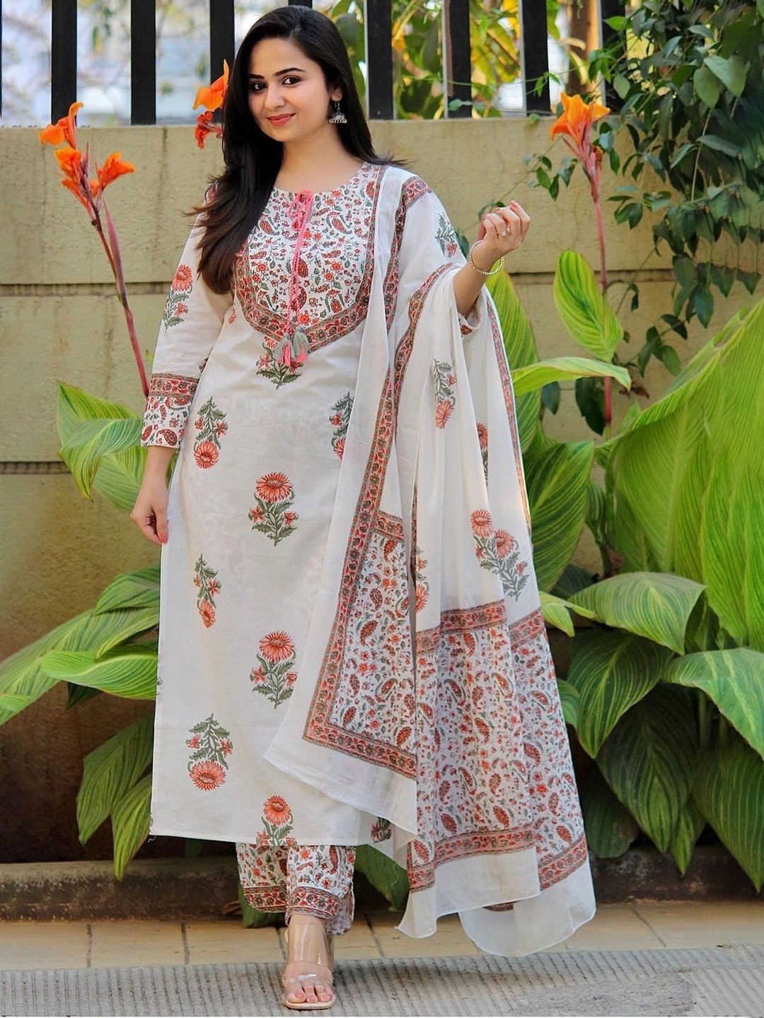 

KALINI Floral Printed Straight Pure Cotton Kurta With Trousers & Dupatta, White