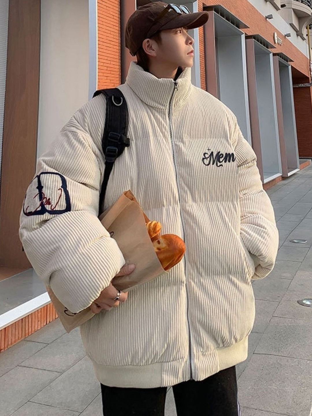 

HERE&NOW Men Mock Collar Self Design Casual Bomber Jacket, Cream