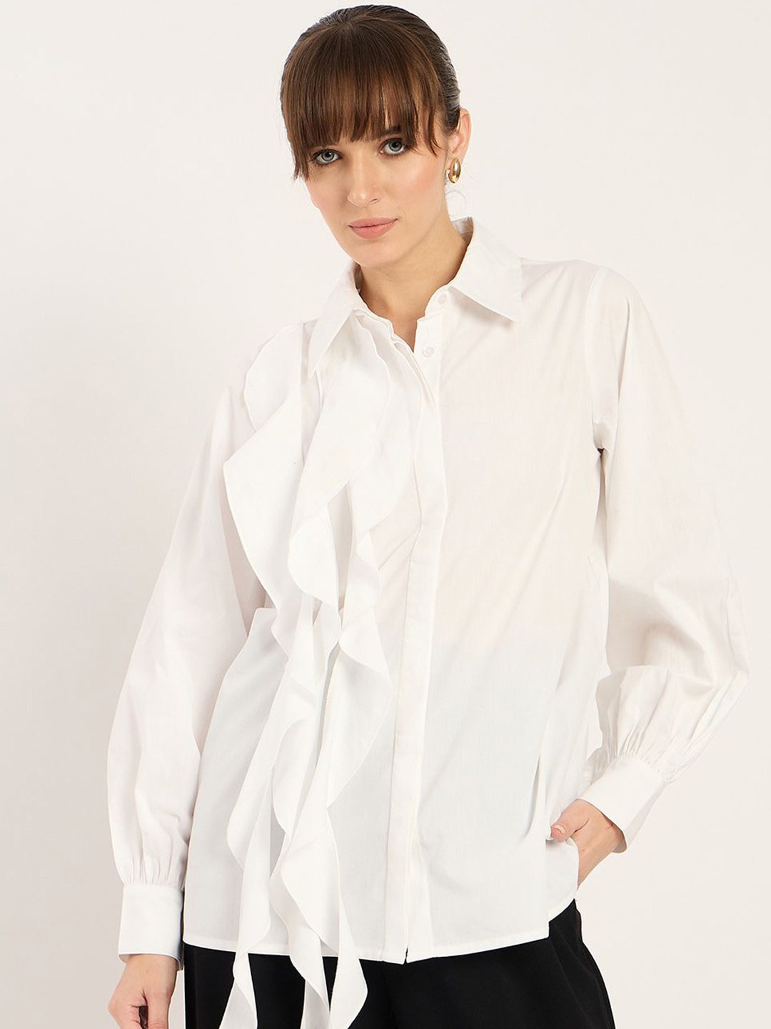 

FEMMELLA Women Relaxed Spread Collar Solid Cotton Casual Shirt, White