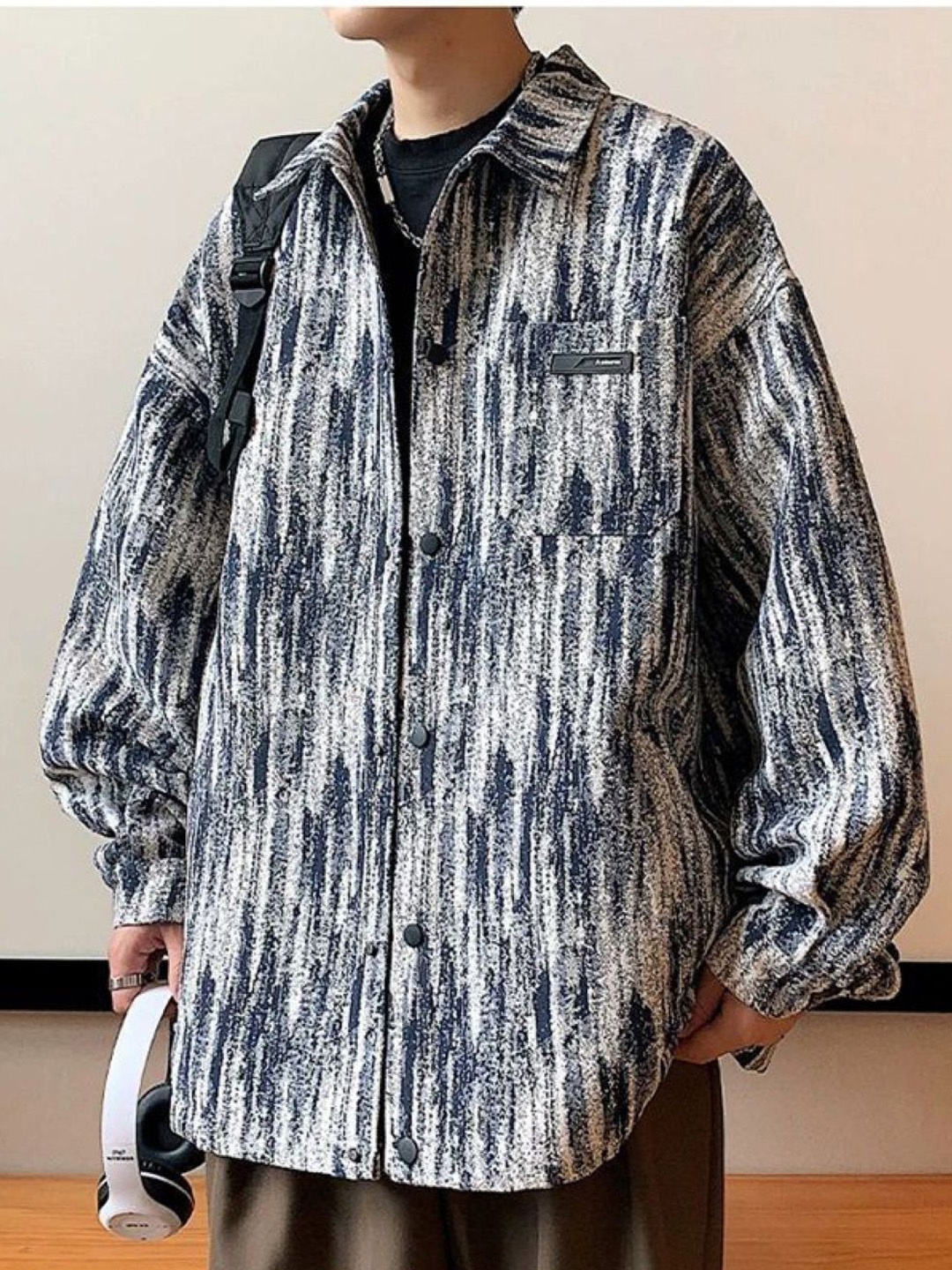 

HERE&NOW Men Spread Collar Abstract Printed Casual Tailored Jacket, Black