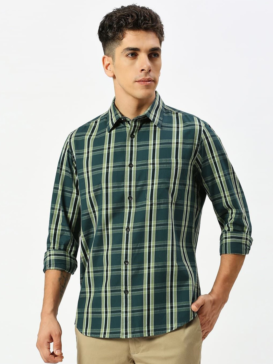 

Basics Men Slim Fit Tartan Checked Cotton Casual Shirt, Green