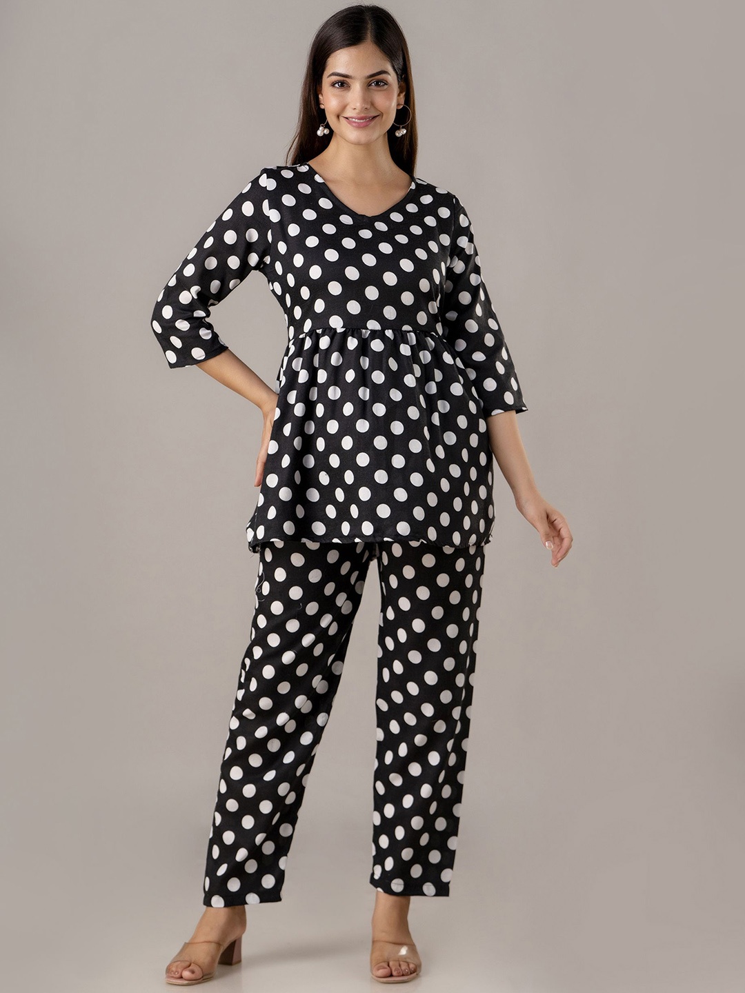 

TRENDSWILL Polka Dots Printed Peplum Casual Top With Trousers, Black