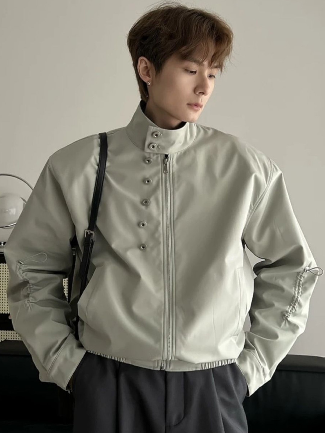 

HERE&NOW Men Mandarin Collar Solid Casual Bomber Jacket, Grey