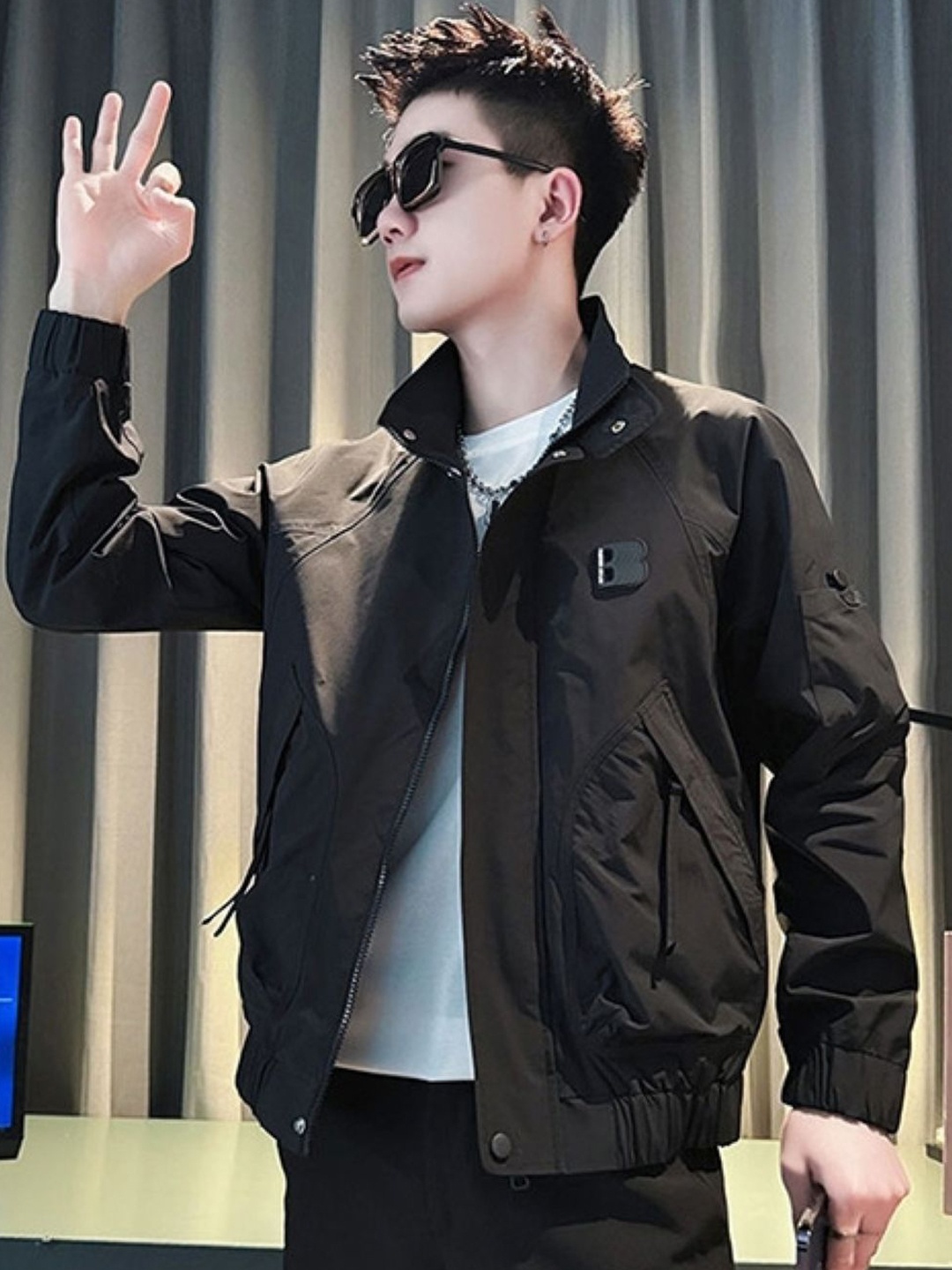 

HERE&NOW Men Mock Collar Solid Casual Bomber Jacket, Black