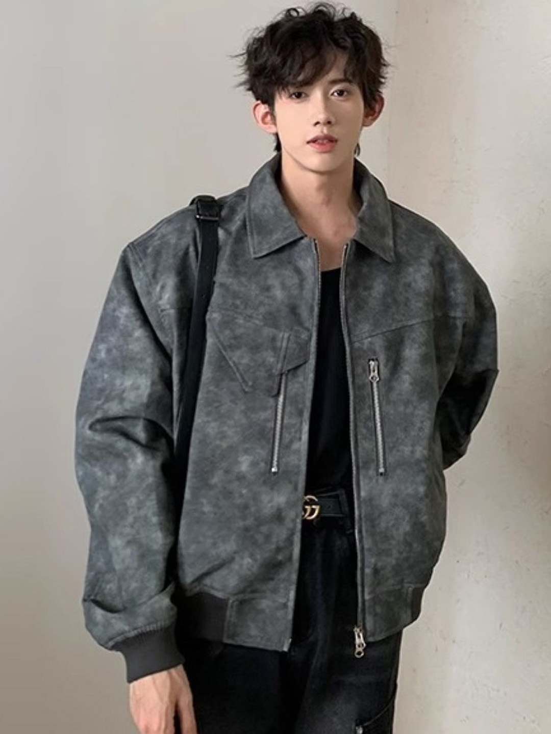 

HERE&NOW Men Spread Collar Washed Self Design Casual Bomber Jacket, Charcoal