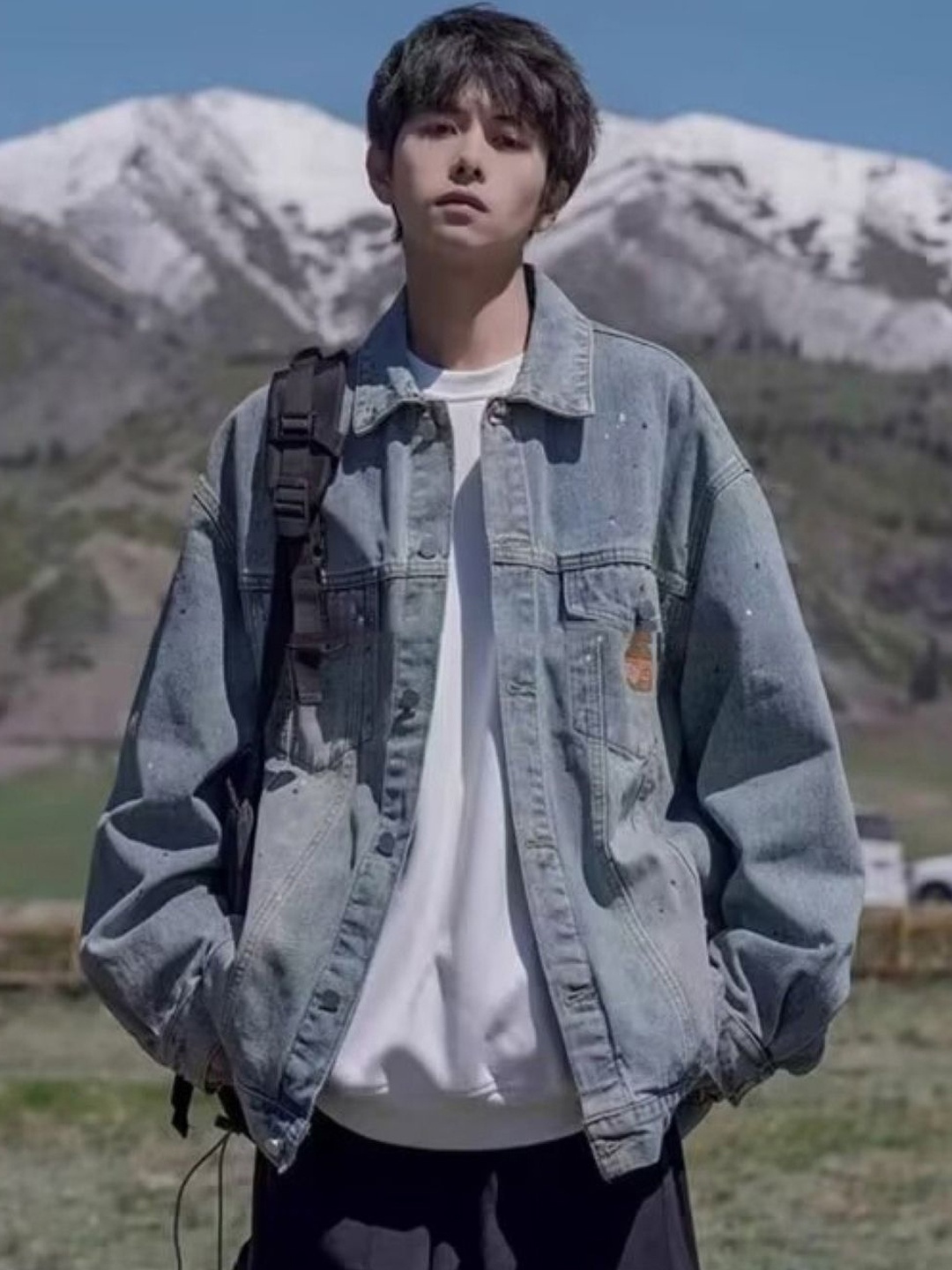 

HERE&NOW Men Spread Collar Solid Cotton Casual Denim Jacket, Blue