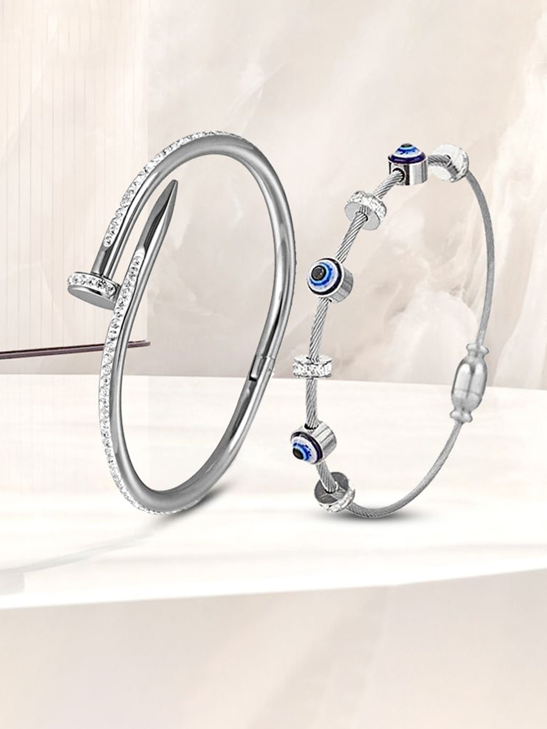 

MEENAZ Set Of 2 Silver-Plated Stainless Steel American Diamond Antique Kada Bracelet