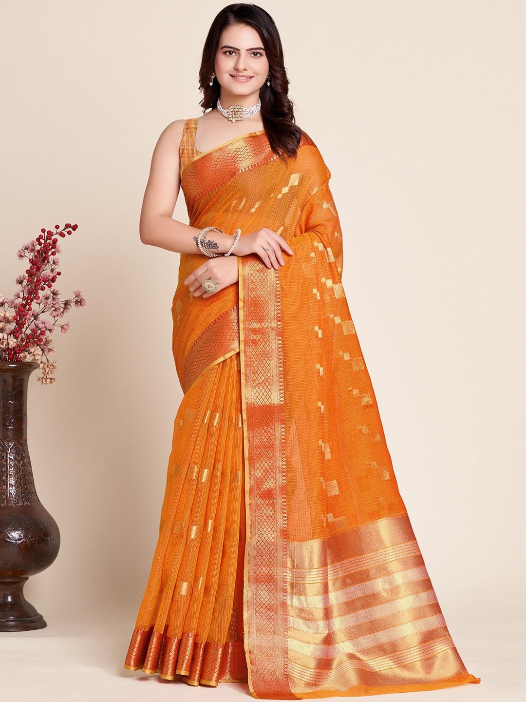 

SHOBHA SAREES Woven Design Zari Silk Cotton Kota Saree, Orange