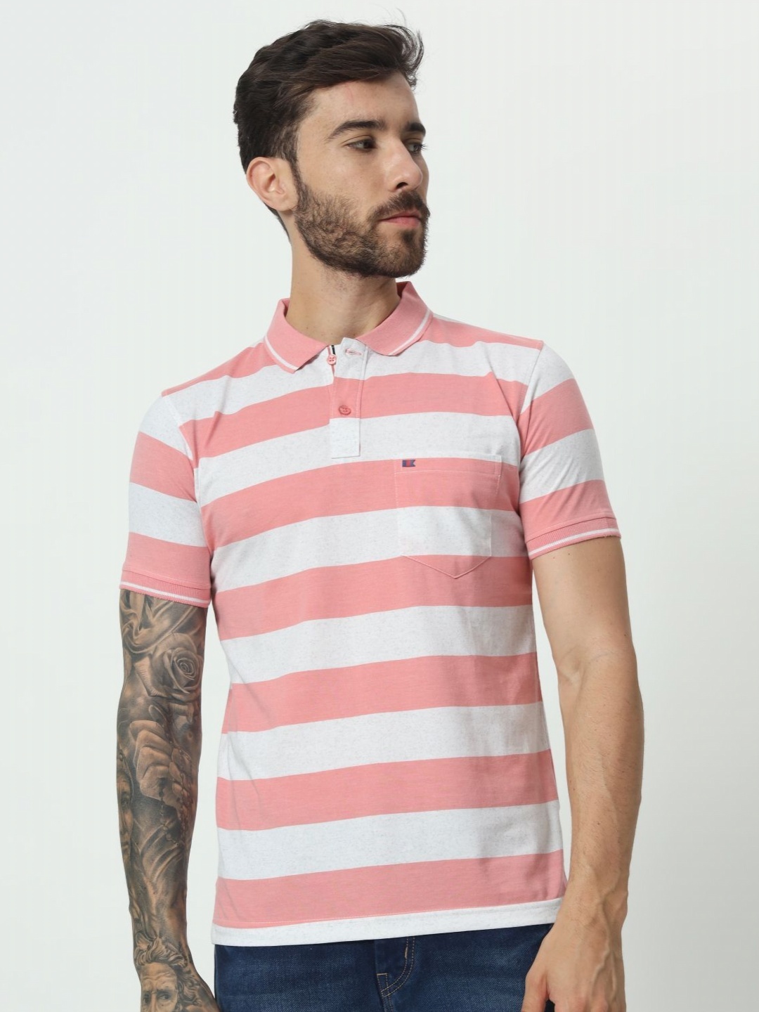 

TAB91 Men Striped Polo Collar Cotton T-shirt, Peach