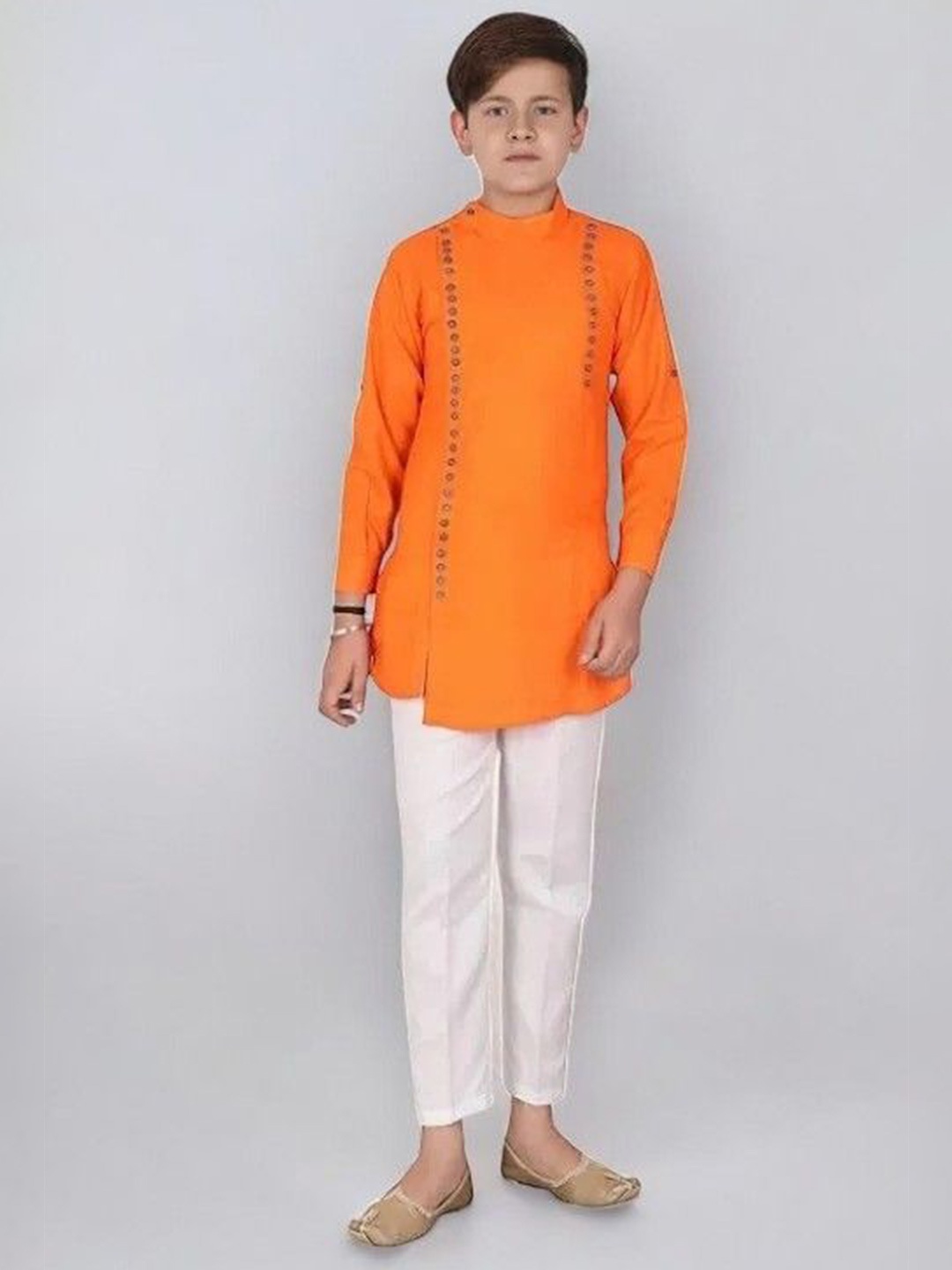 

Eliq Boys Mandarin Collar Pure Cotton Straight Kurta With Pyjamas, Orange