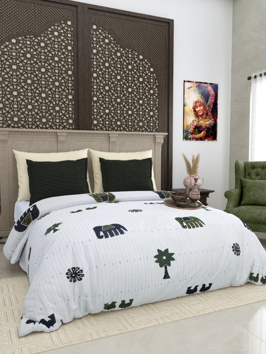 

LIVING ROOTS White & Black Ethnic Motifs 210 TC King Bedsheet with 2 Pillow Covers