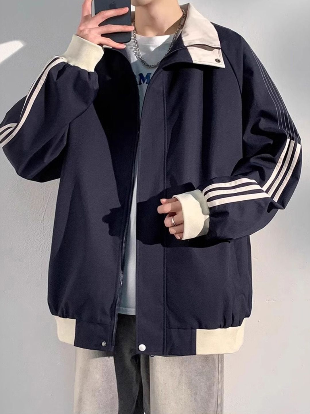 

HERE&NOW Men Spread Collar Striped Casual Bomber Jacket, Navy blue