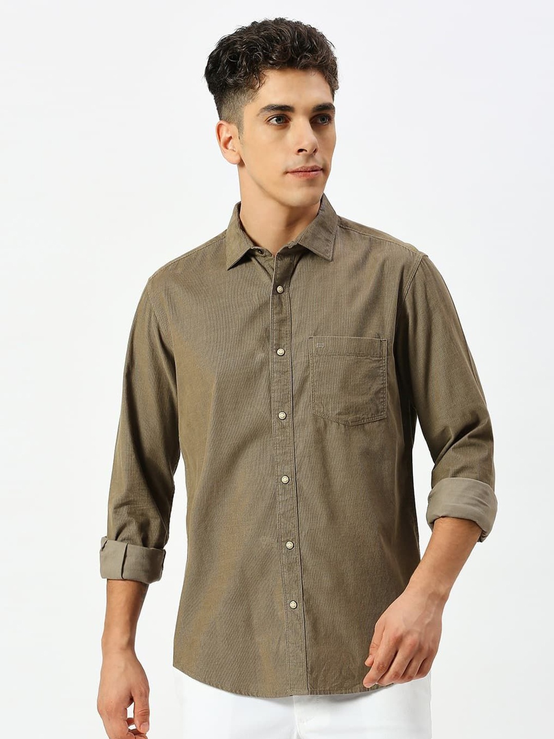 

Basics Men Slim Fit Opaque Solid Cotton Casual Shirt, Olive