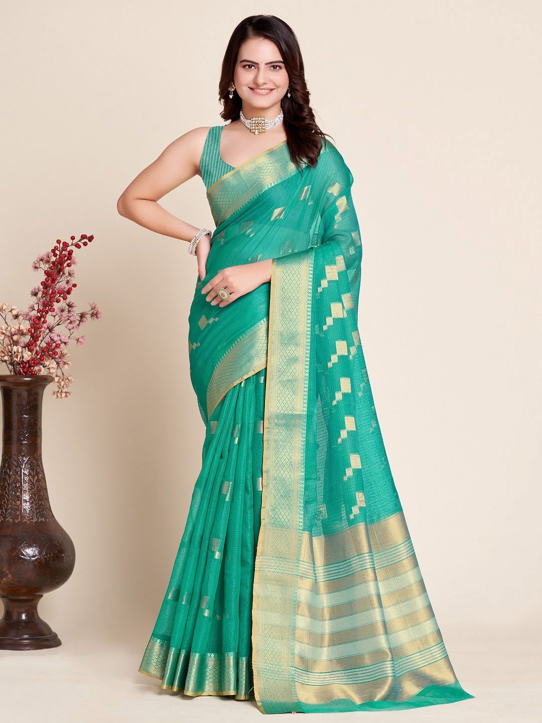 

SHOBHA SAREES Woven Design Zari Silk Cotton Kota Saree, Green