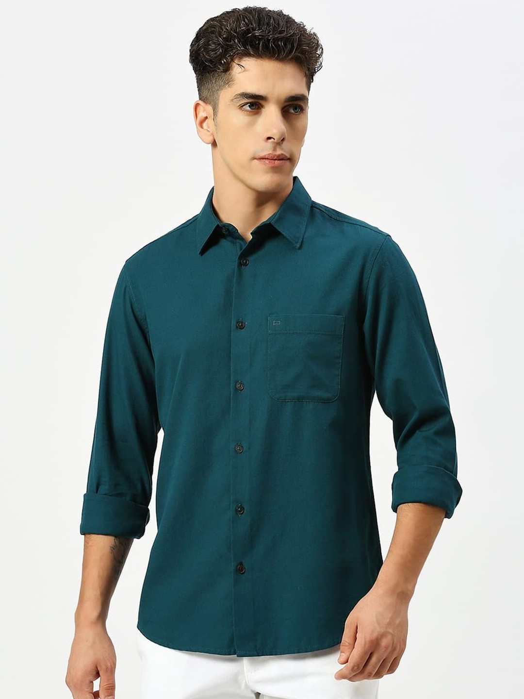 

Basics Men Slim Fit Solid Cotton Casual Shirt, Teal