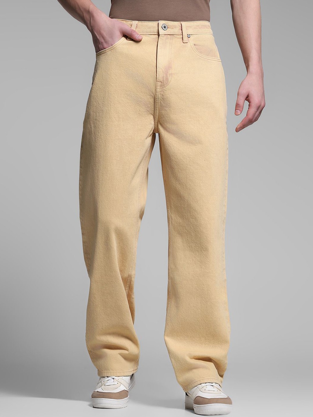 

Jack & Jones Men Wide Leg High-Rise Cotton Jeans, Beige