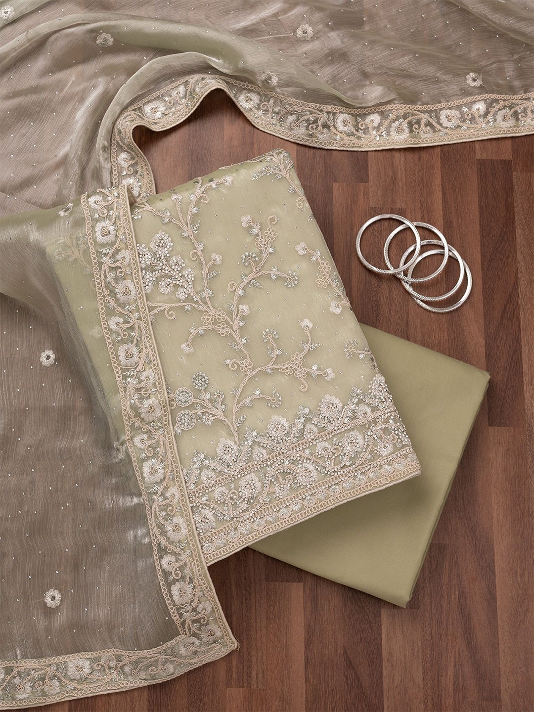 

Koskii Floral Embroidered Thread Work Unstitched Dress Material, Green