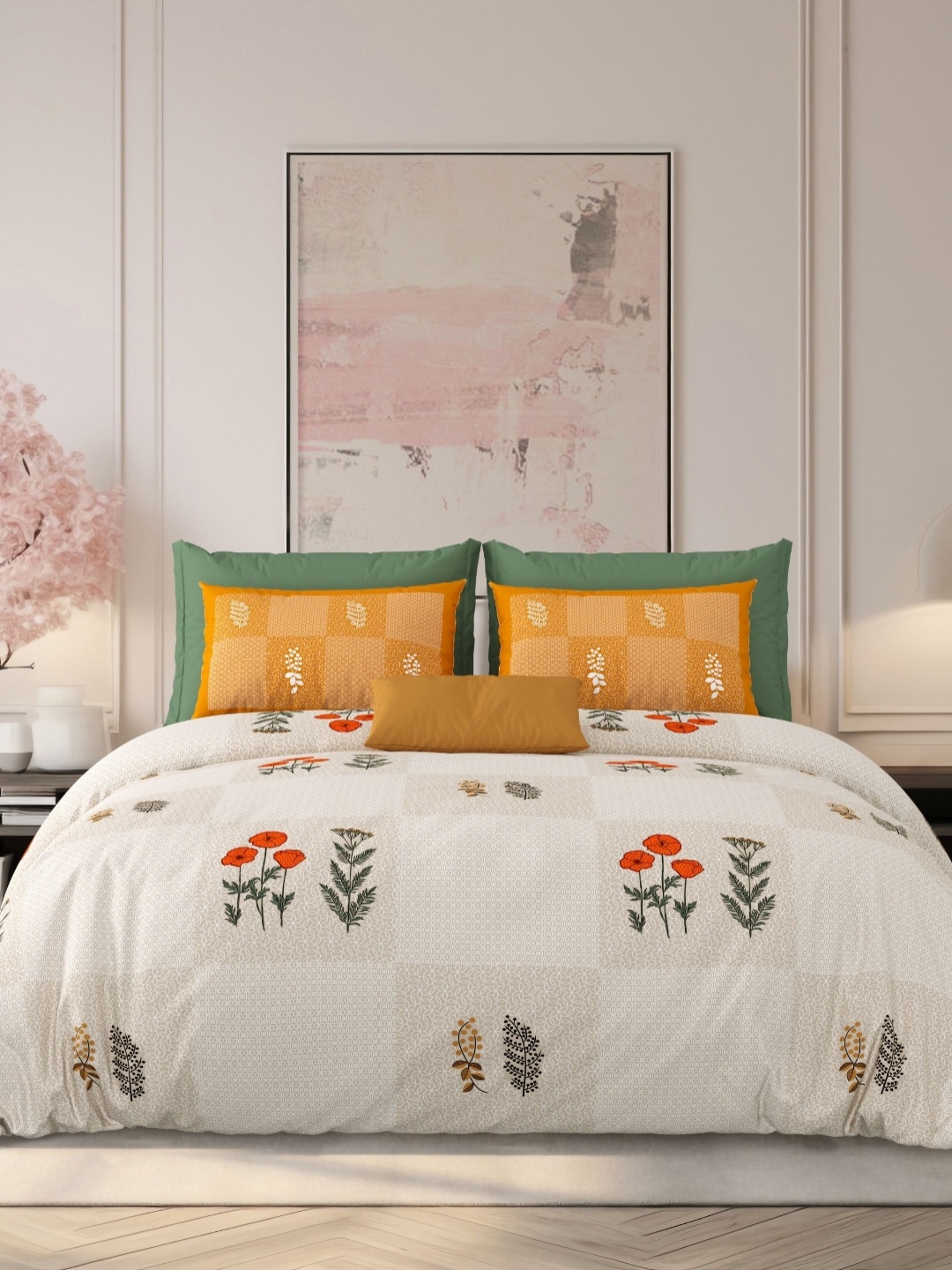 

LIVING ROOTS Brown & Red Floral 210 TC King Bedsheet with 2 Pillow Covers