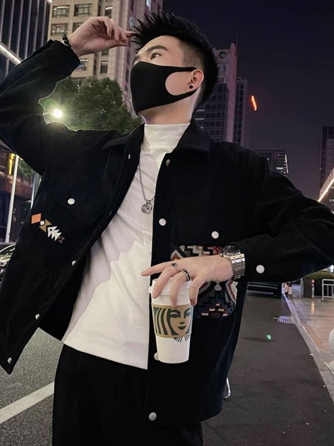 

HERE&NOW Men Spread Collar Geometric Printed Casual Tailored Jacket, Black