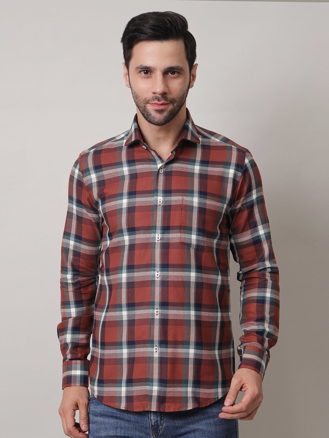 

John Philips Men India Slim Spread Collar Tartan Checked Cotton Casual Shirt, Brown