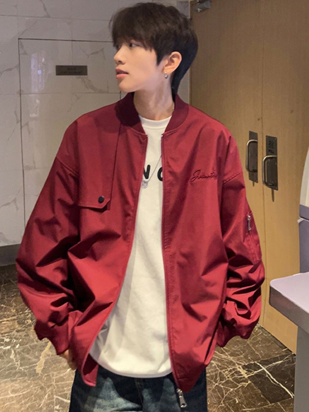 

HERE&NOW Men Stand Collar Solid Embroidered Casual Bomber Jacket, Red