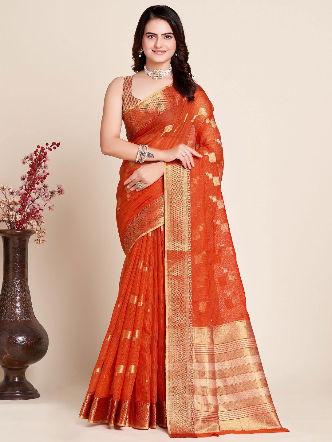 

SHOBHA SAREES Embellished Zari Silk Cotton Kota Saree, Orange