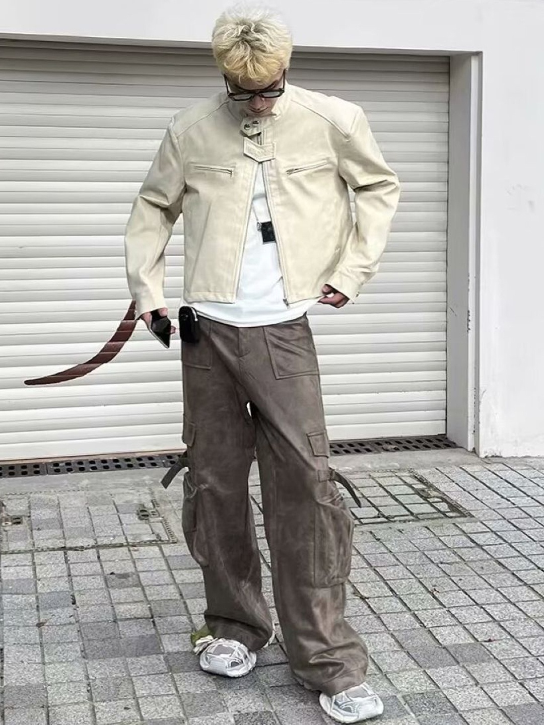 

HERE&NOW Men Mandarin Collar Solid Leather Casual Leather Jacket, Cream
